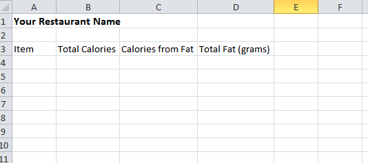 Template for Nutritional Table