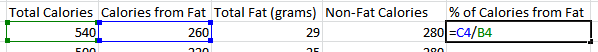 Excel percent from fat example